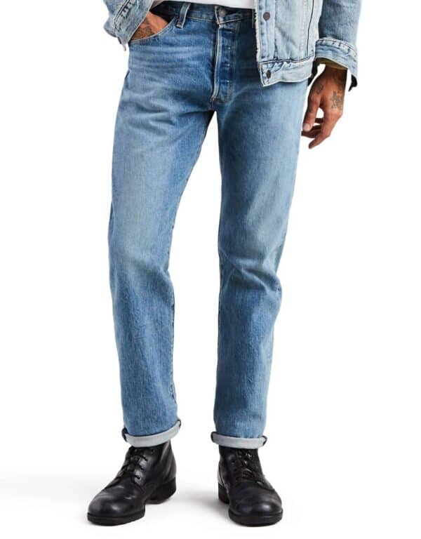 501 stretch button fly original-fit straight-leg the ben jean in light blue