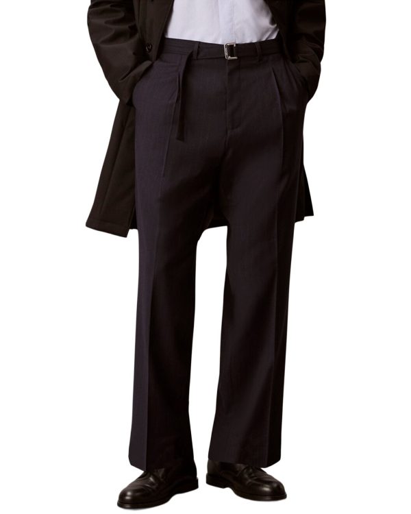 Straight Wool-Blend Pinstripe Belted Trouser