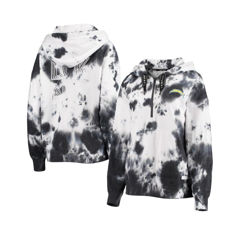 Women's White and Black Los Angeles Chargers Dakota Oversized Tie-Dye Half-Zip Hoodie
