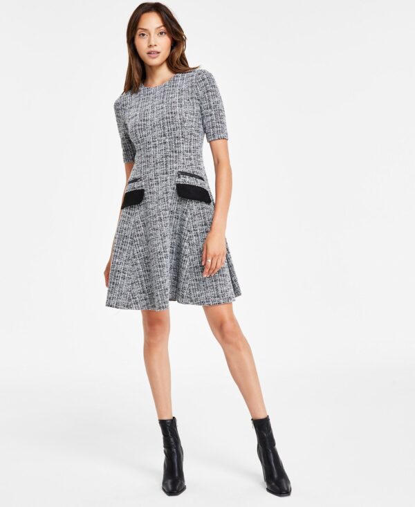 Short Sleeve Zipper Flap-Pocket A-line Tweed Dress
