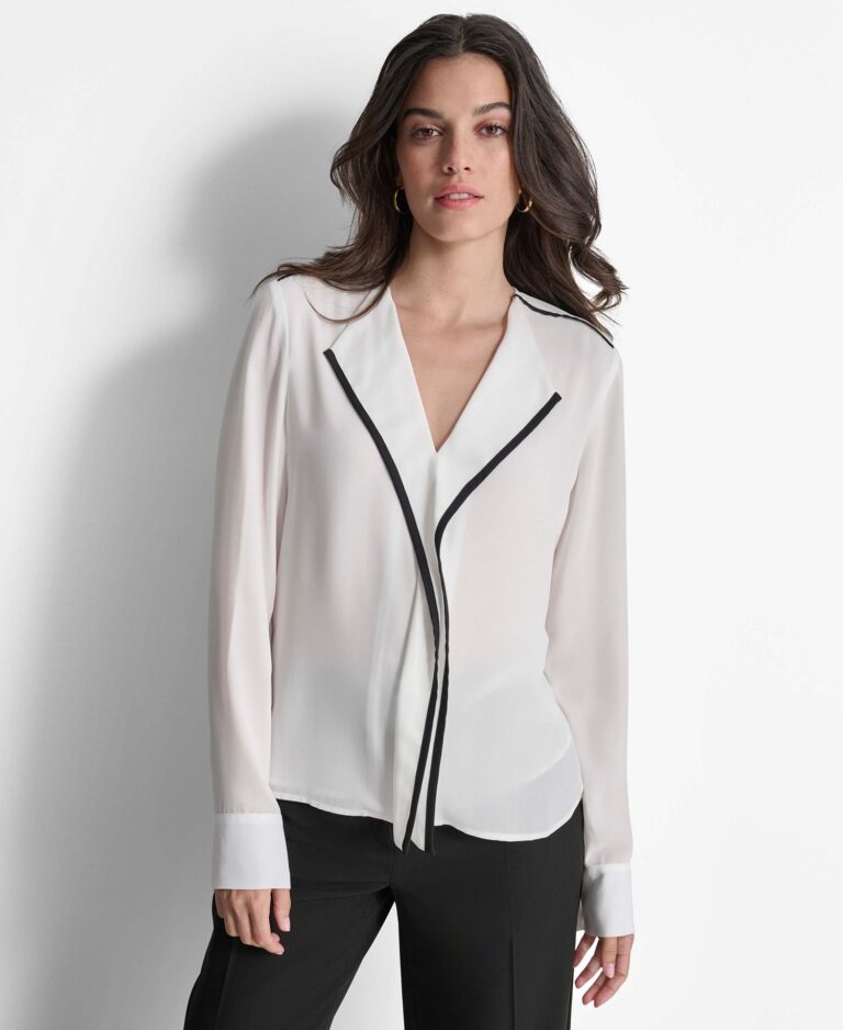 Women's Long Sleeve Trimmed Lapel Blouse, Regular & Petite