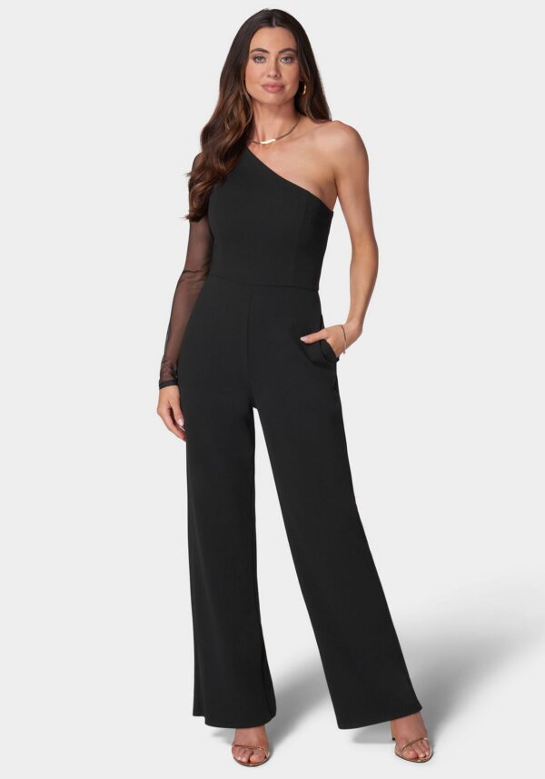 Women's Long Sleeve Mesh One Shoulder Jumpsuit