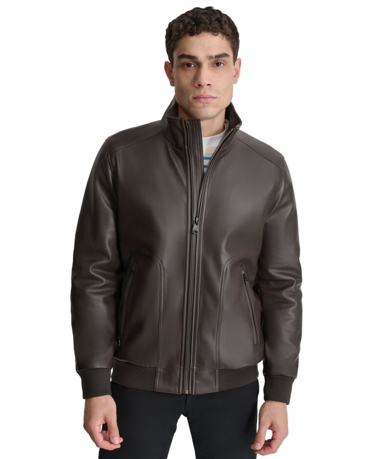 Men's Smooth Faux-Leather Bomber Jacket