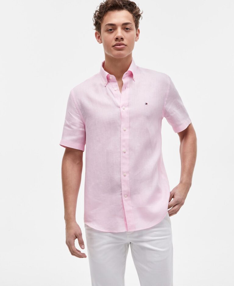 Men's Short-Sleeve Pigment-Dyed 100% Linen Button-Front Shirt