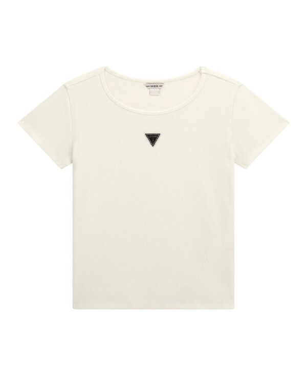 Big Girl Short Sleeve Knit Top with Metal Logo Plate