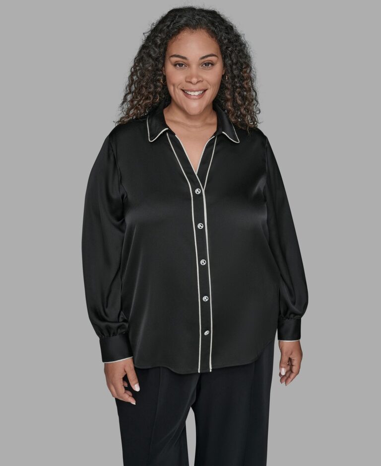 KARL LAGERFIELD PARIS Plus Size Contrast Placket Long Sleeves Blouse