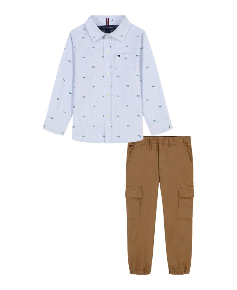 Boys' Toddler 2T-4T Chambray Trim Printed Shirt and Prewashed Twill Jogger Pants, 2-Piece Set