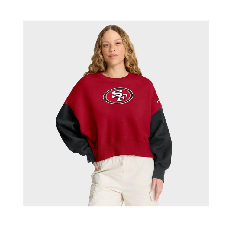 Women's Scarlet San Francisco 49ers Oversized Color Block Pullover Sweatshirt