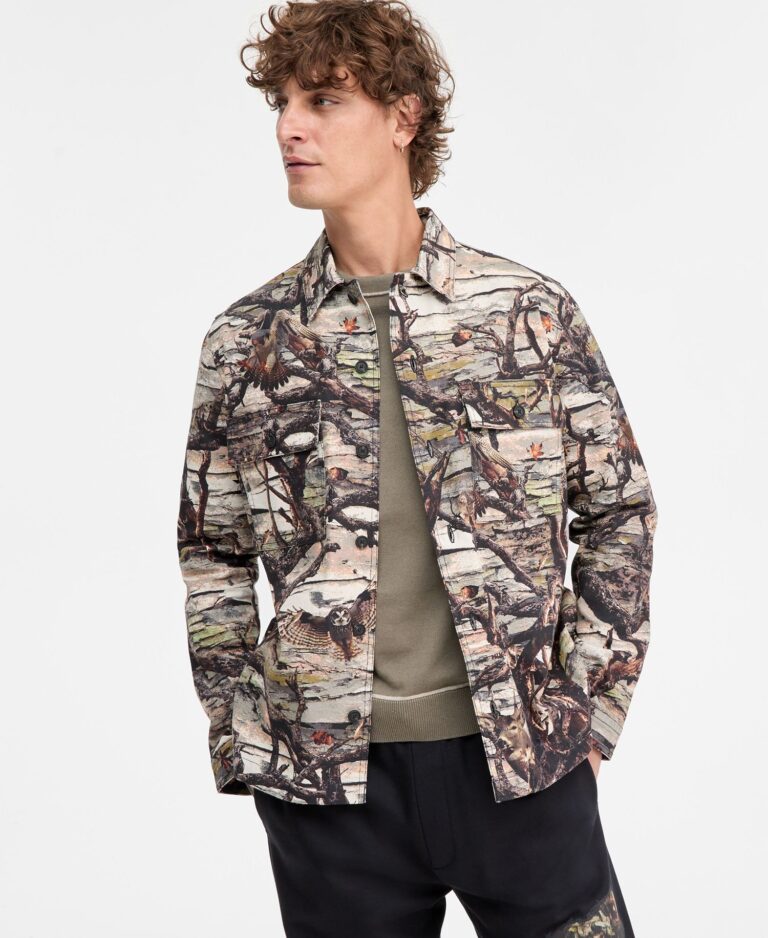 Epoldo Long Sleeve Owl Print Button-Front Shirt-Jacket