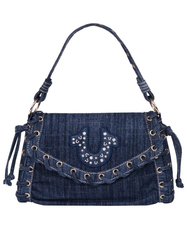 Studded Horseshoe Eyelet Denim Flap Bag
