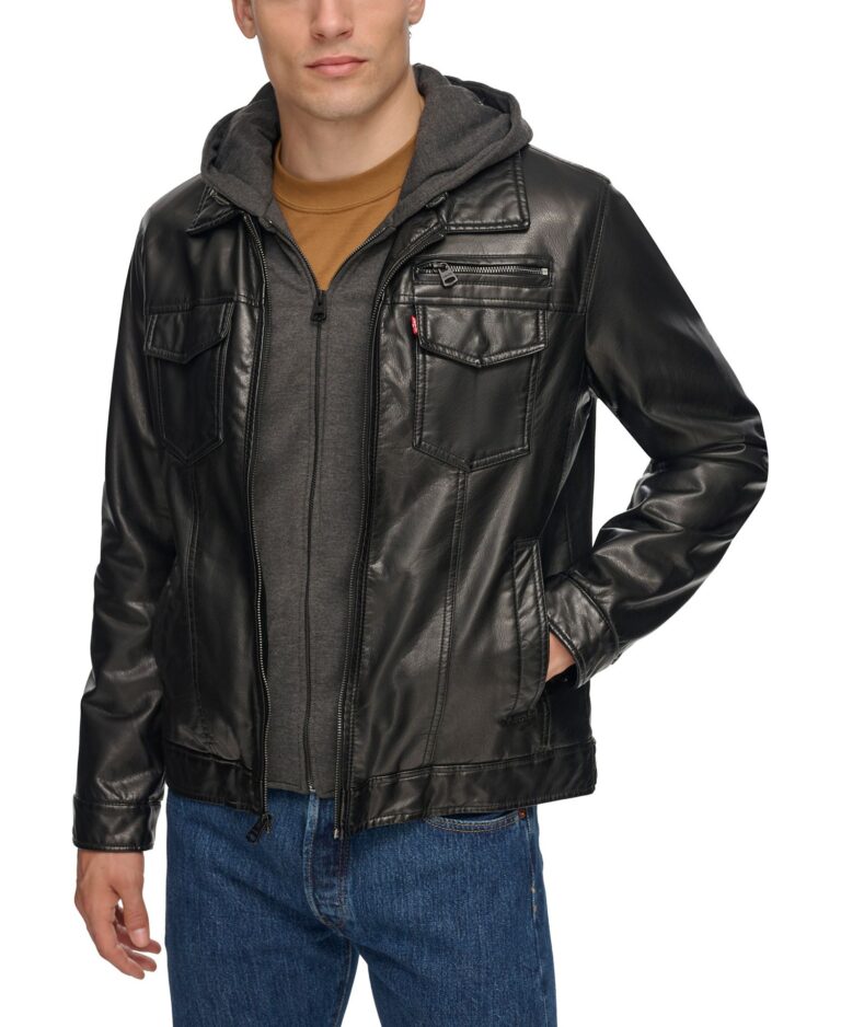 Men's Fleece Hood Faux Leather Jacket