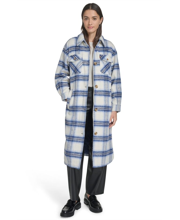 Women's Regular Long Wool Blend Plaid Coat