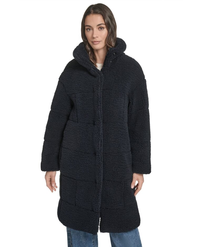 Women's Long Sherpa Snap-Closure Teddy Coat