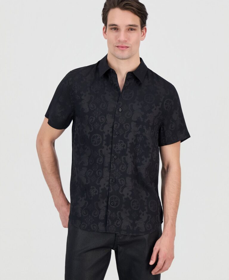 Men's Lion Peony Jacquard Short-Sleeve Button-Front Shirt
