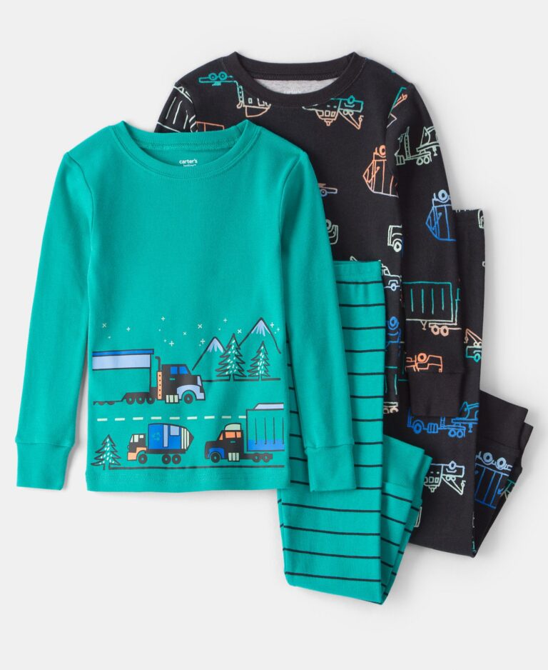 Boys' Toddler Truck Loose Fit Long-Sleeve Top and Pants, 4-Piece Pajama Set