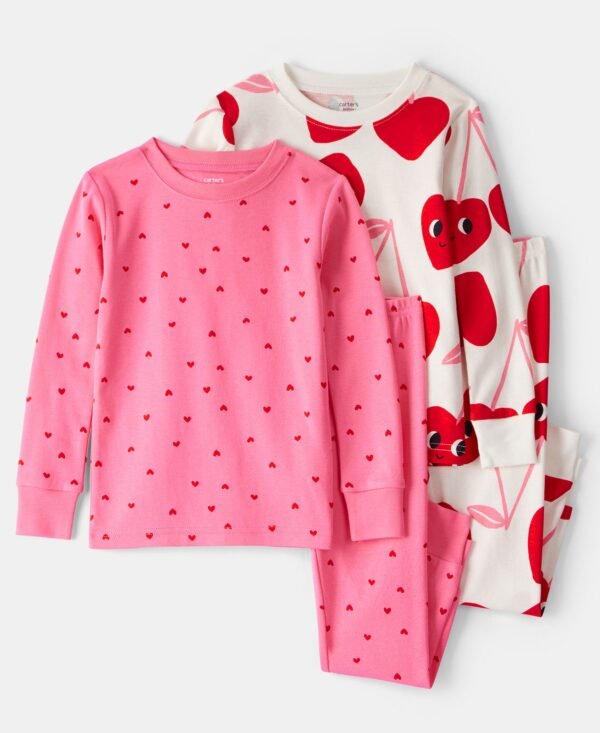 Girls' Toddler 2T-5T Cherry and Heart Snug Fit Long-Sleeve Top and Pants, 4-Piece Pajama Set
