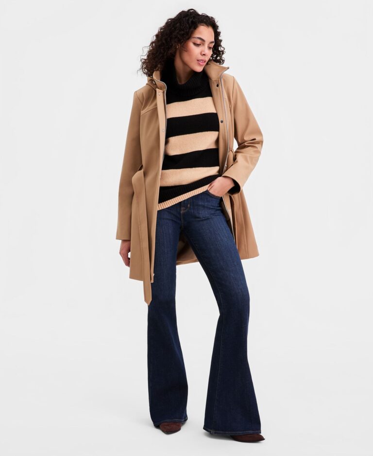 Women's Belted Hooded Zip-Front Raincoat