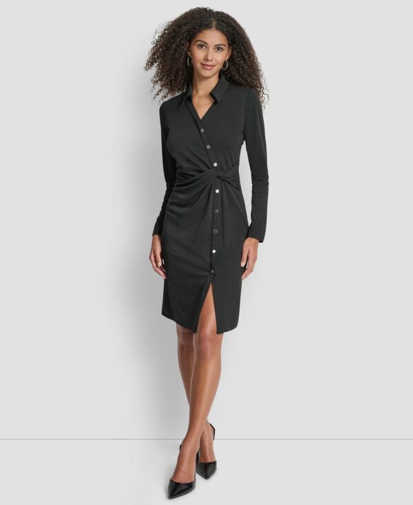 Women's Long Sleeve Asymmetrical Knot Button Front Sheath Dress