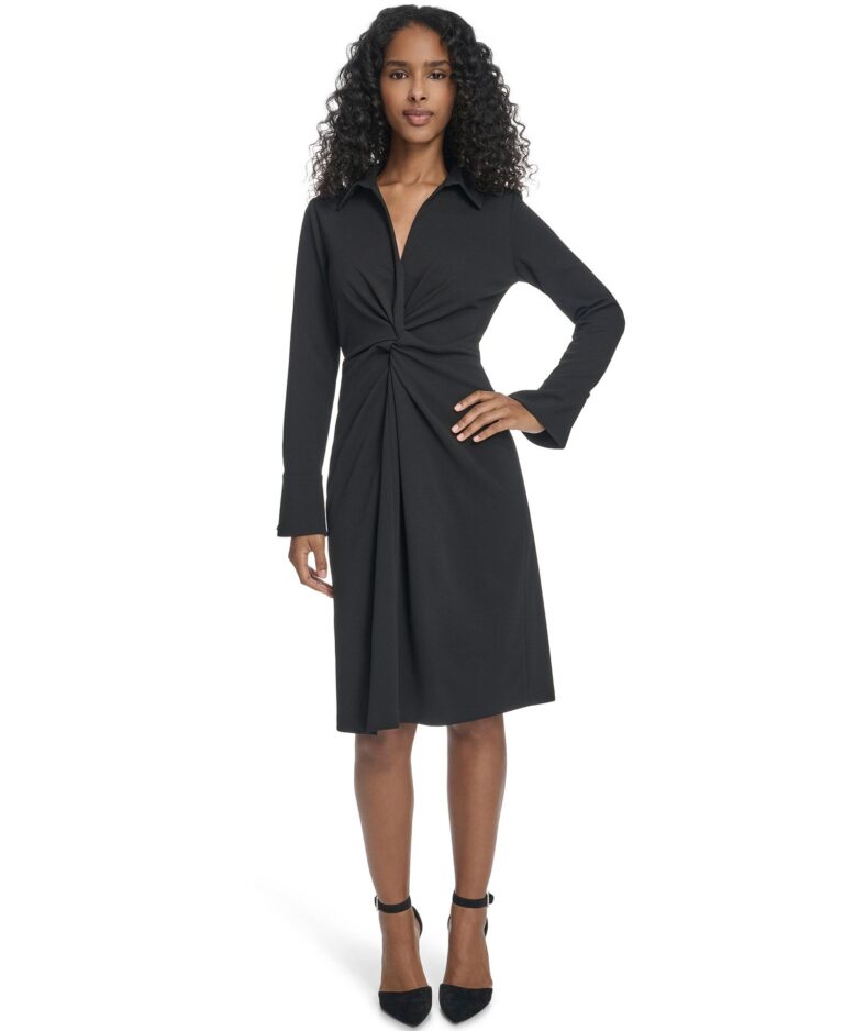 Women's Petite Collar Long-Sleeve Midi Shirtdress
