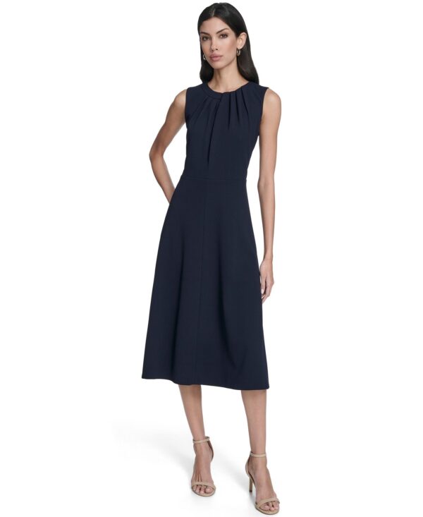 Women's Pleat Detail Crew Neck Midi Dress