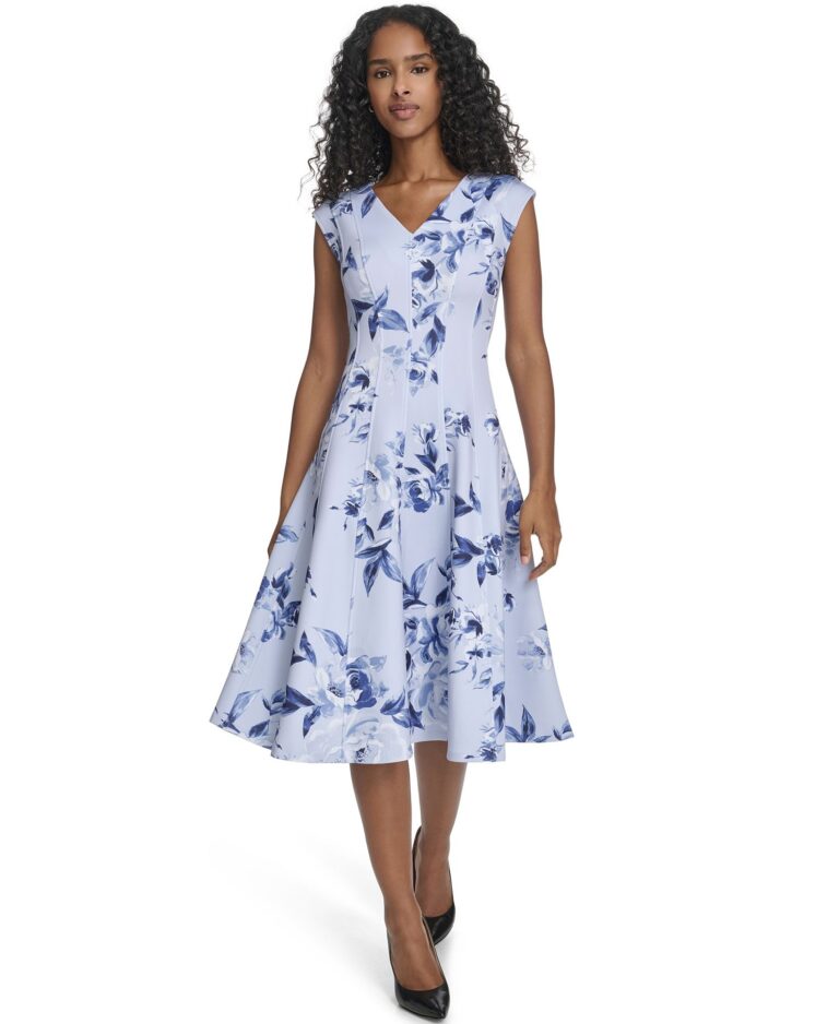 Women's Printed Fit and Flare V-Neck Dress