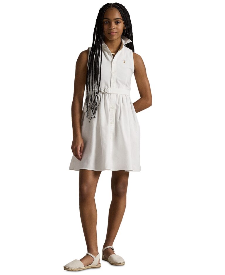 Girls' 7-16 Belted Cotton Oxford Shirtdress
