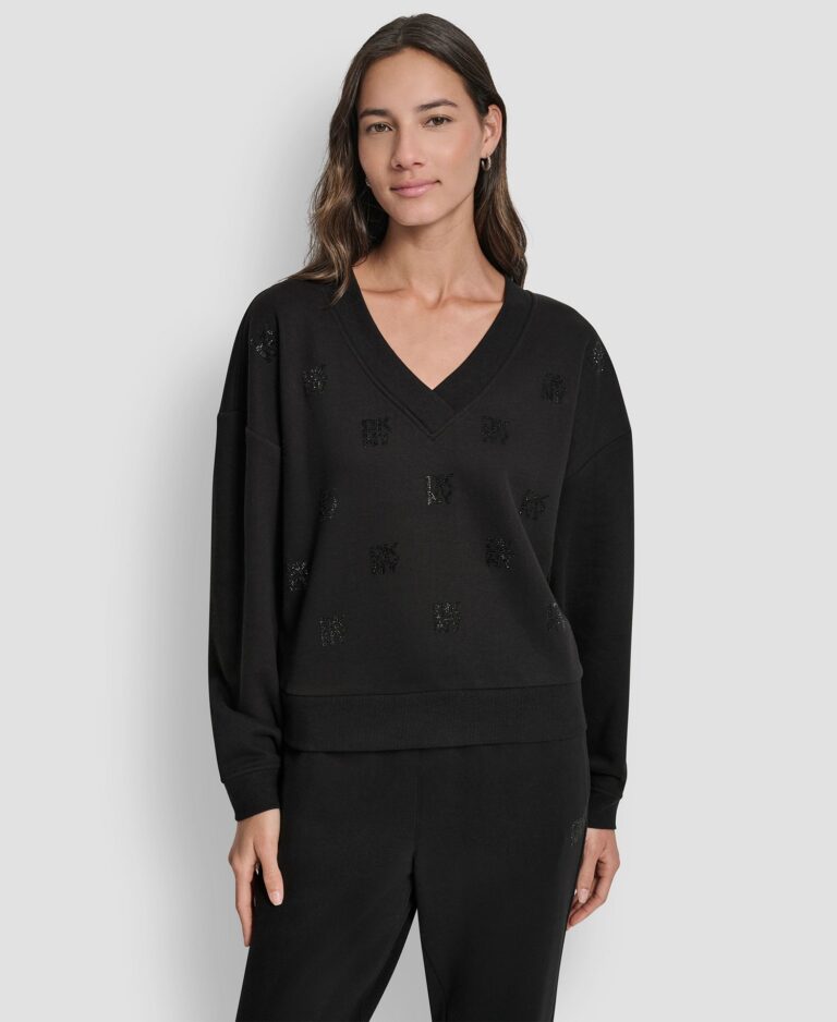 Women's Allover Stack Rhinestone V-Neck Sweatshirt