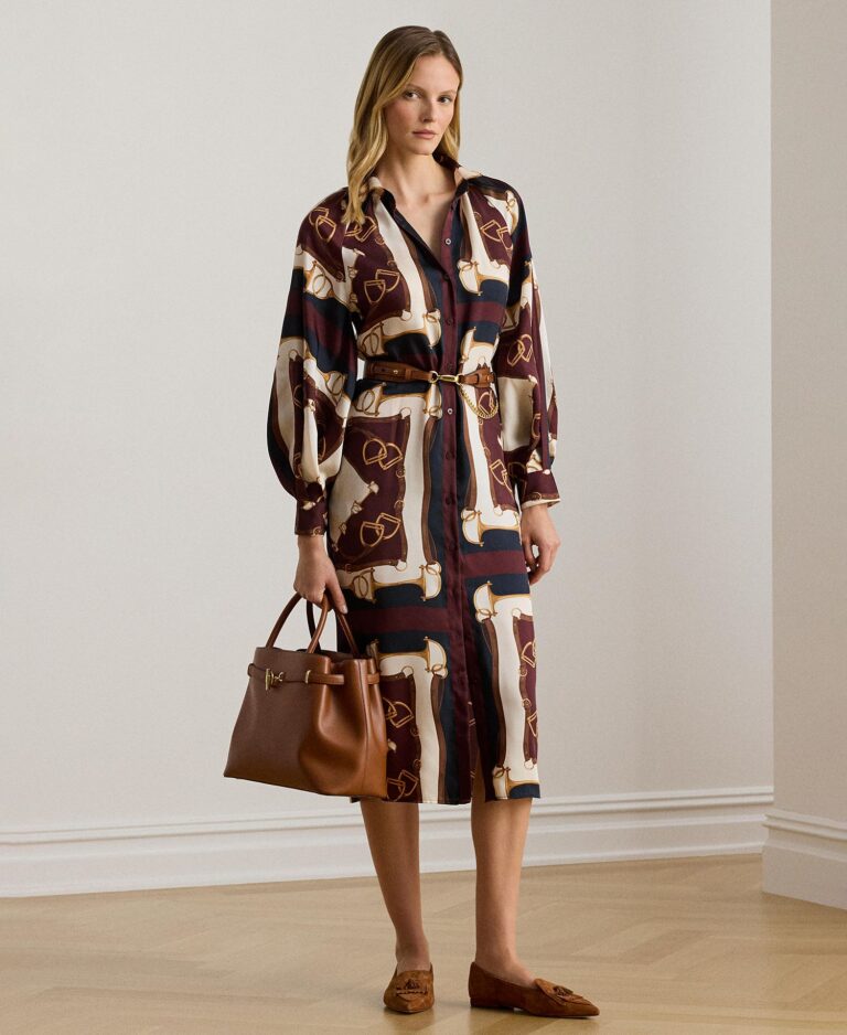 Women's Equestrian-Print Twill Midi Shirt Dress