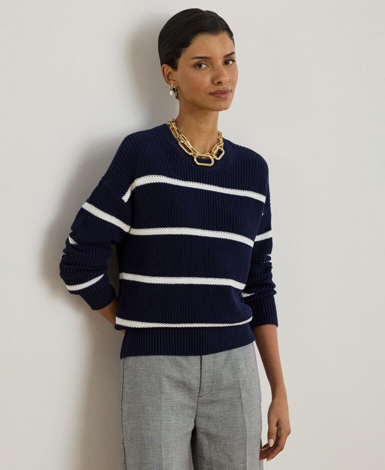 Women's Striped Rib-Knit Cotton Crew Neck Sweater
