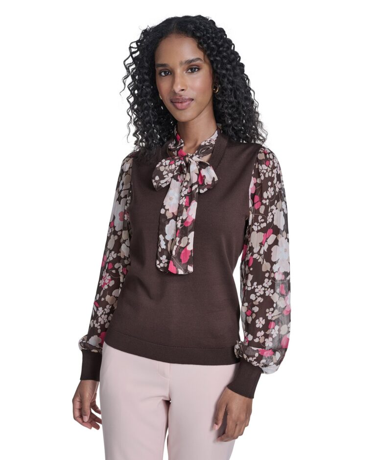 Women's Mixed Media Tie Neck Sweater