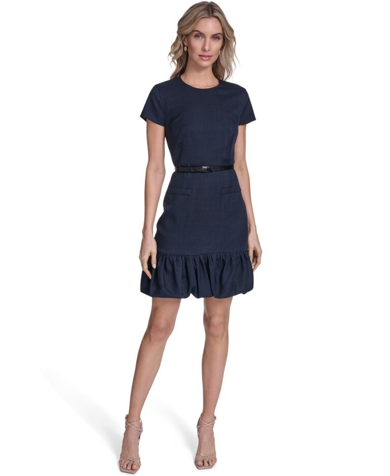 Women's Bubble Hem Belted Crewneck Dress