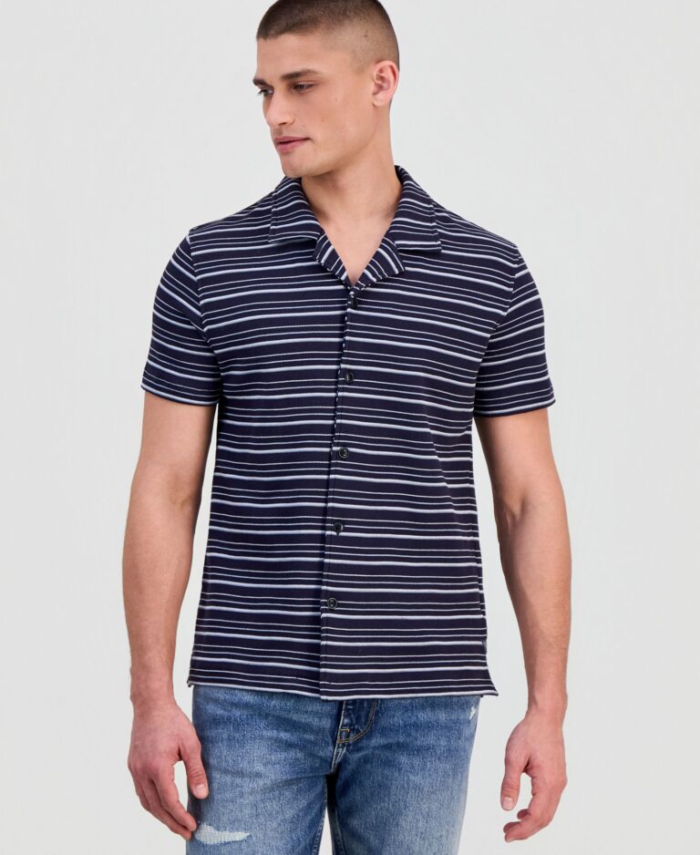 Men's Linear Striped Bouclé Knit Camp Shirt