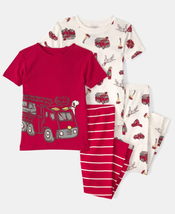 Boys' Toddler 2T-5T Firetruck Striped Top and Pajama Pants, 4-Piece Set