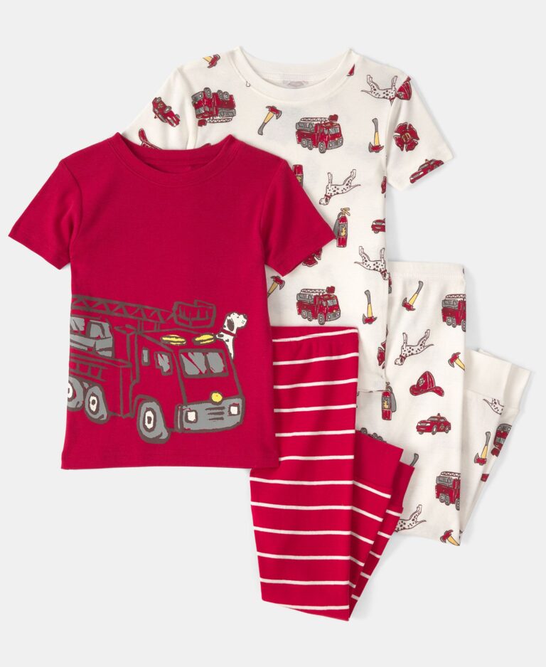 Boys' Toddler 2T-5T Firetruck Striped Top and Pajama Pants, 4-Piece Set