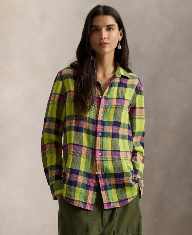 Women's Classic Fit Plaid Point Collar Linen Shirt