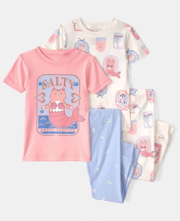 Baby Girls' Mermaid Cat Print Short-Sleeve T-Shirt and Snug-Fit Pajama, 4-Piece Set