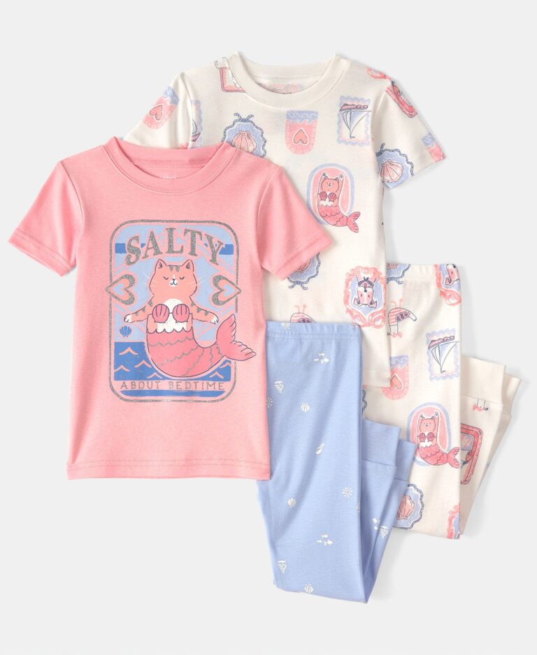 Baby Girls' Mermaid Cat Print Short-Sleeve T-Shirt and Snug-Fit Pajama, 4-Piece Set