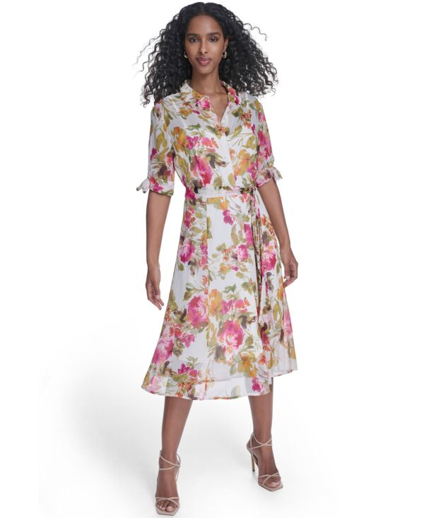 Women's Tie-Sleeve Printed Midi Dress
