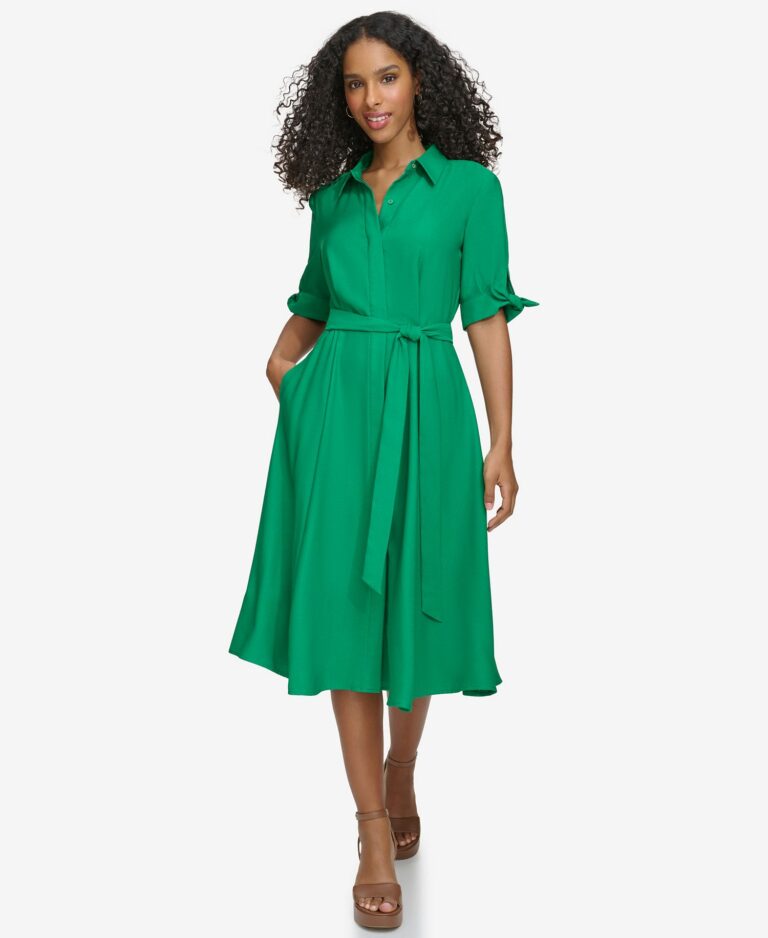 Petite Tie-Sleeve Collared Midi Shirt Dress