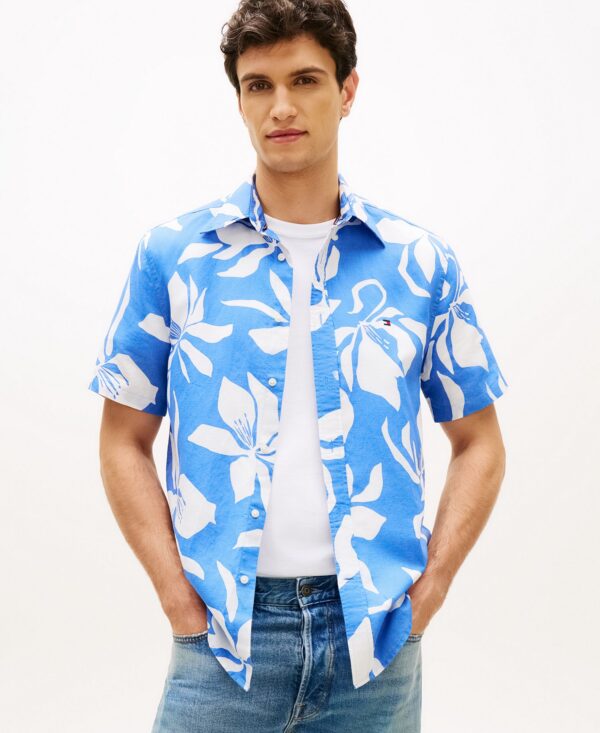 Men's Linen Flower Print Button-Down Shirt