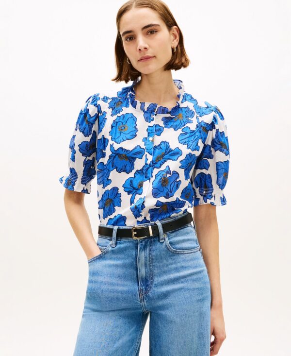 Women's Pin Tuck Cambric Short-Sleeve Blouse Top