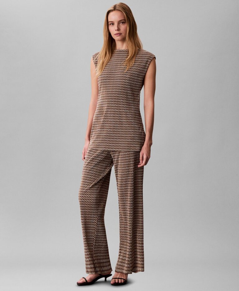 Women's Plisse Print Boat Neck Tunic Top and Plisse Print Wide-Leg Pants