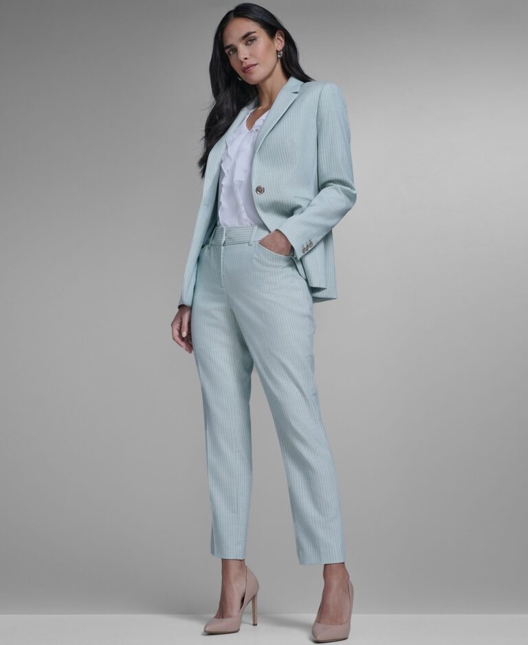 Women's Slim Fit Tonal Stripe Blazer, Slim Fit Tonal Stripe Pants and Ruffled Mixed-Media Top