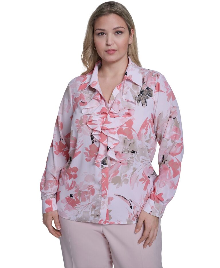 Plus Size Printed Long-Sleeve Ruffle-Front Top