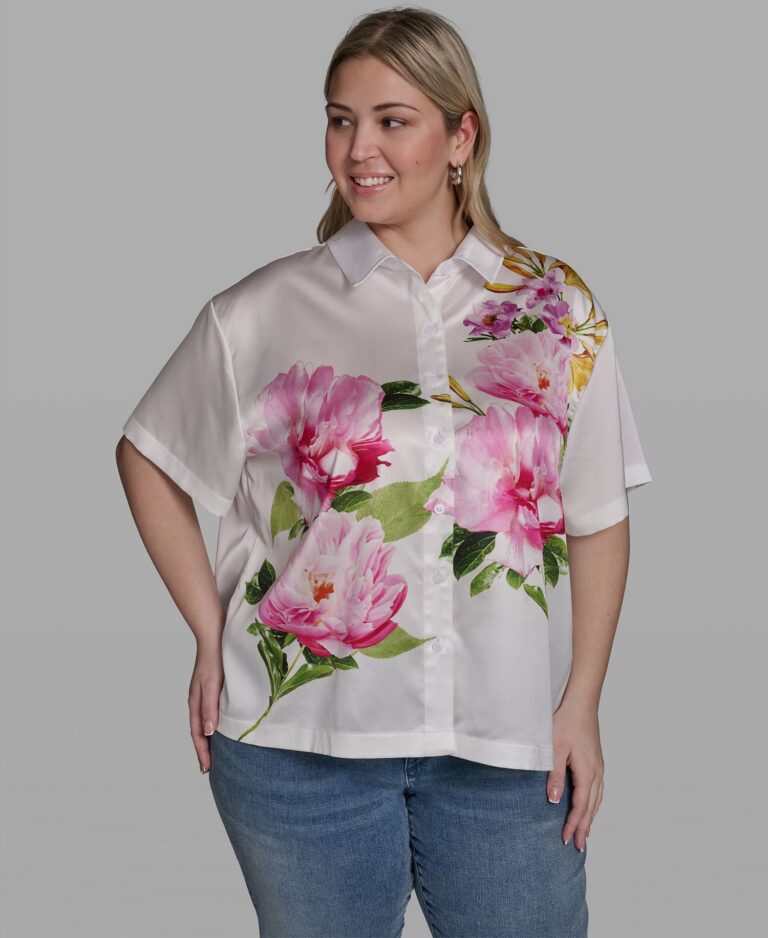 Plus Size Floral Print Collared Shirt