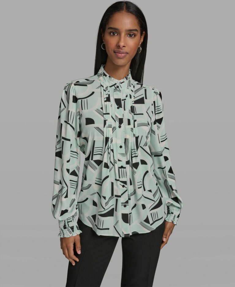 Women's Geo-Print Mock Neck Blouse with Cinched Sleeves