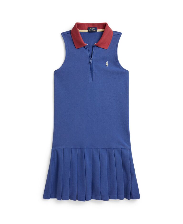 Girls' 7-16 Pleated Mesh Quarter-Zip Polo Collar Dress