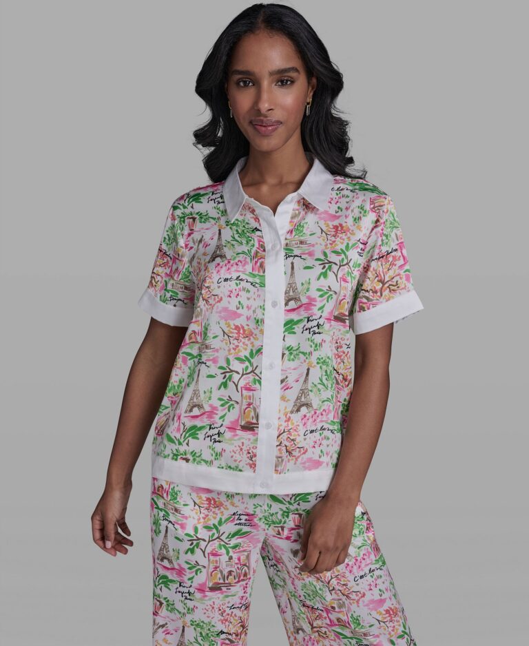 Women's Collared Short-Sleeve Printed Top
