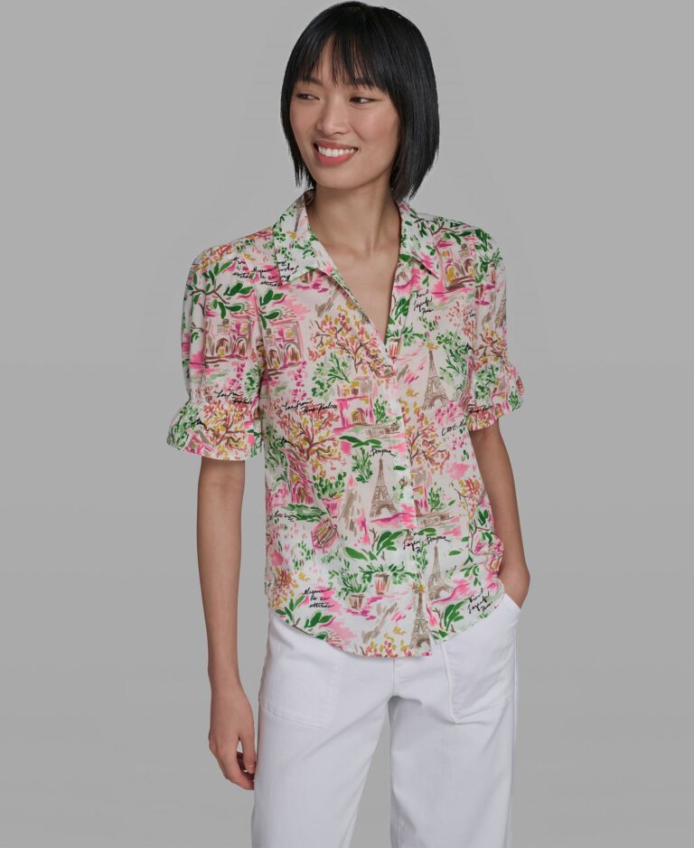 Women's All-Over Parisian Floral Printed Button-Down Top