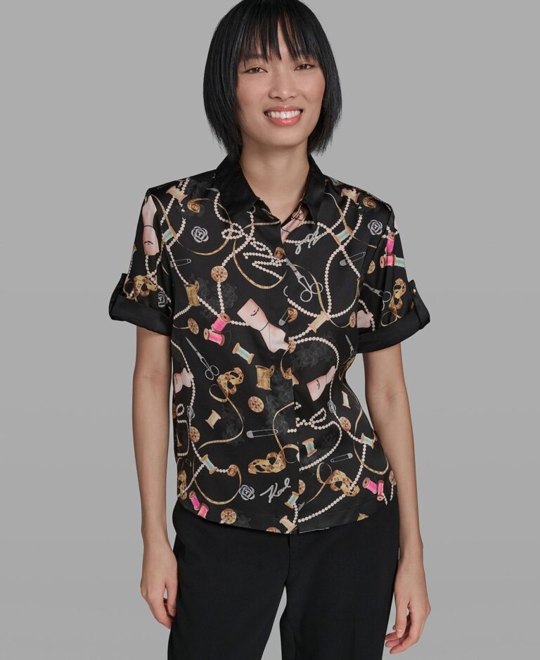 Women's Sewing Detail Printed Camp Collared Shirt